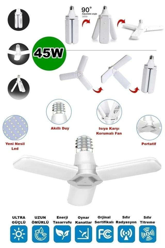 3 Kanatlı %90 tasarruflu 45w Ampul 5.000 Lümen Led Aydınlatma Beyaz Işık Led Ampul