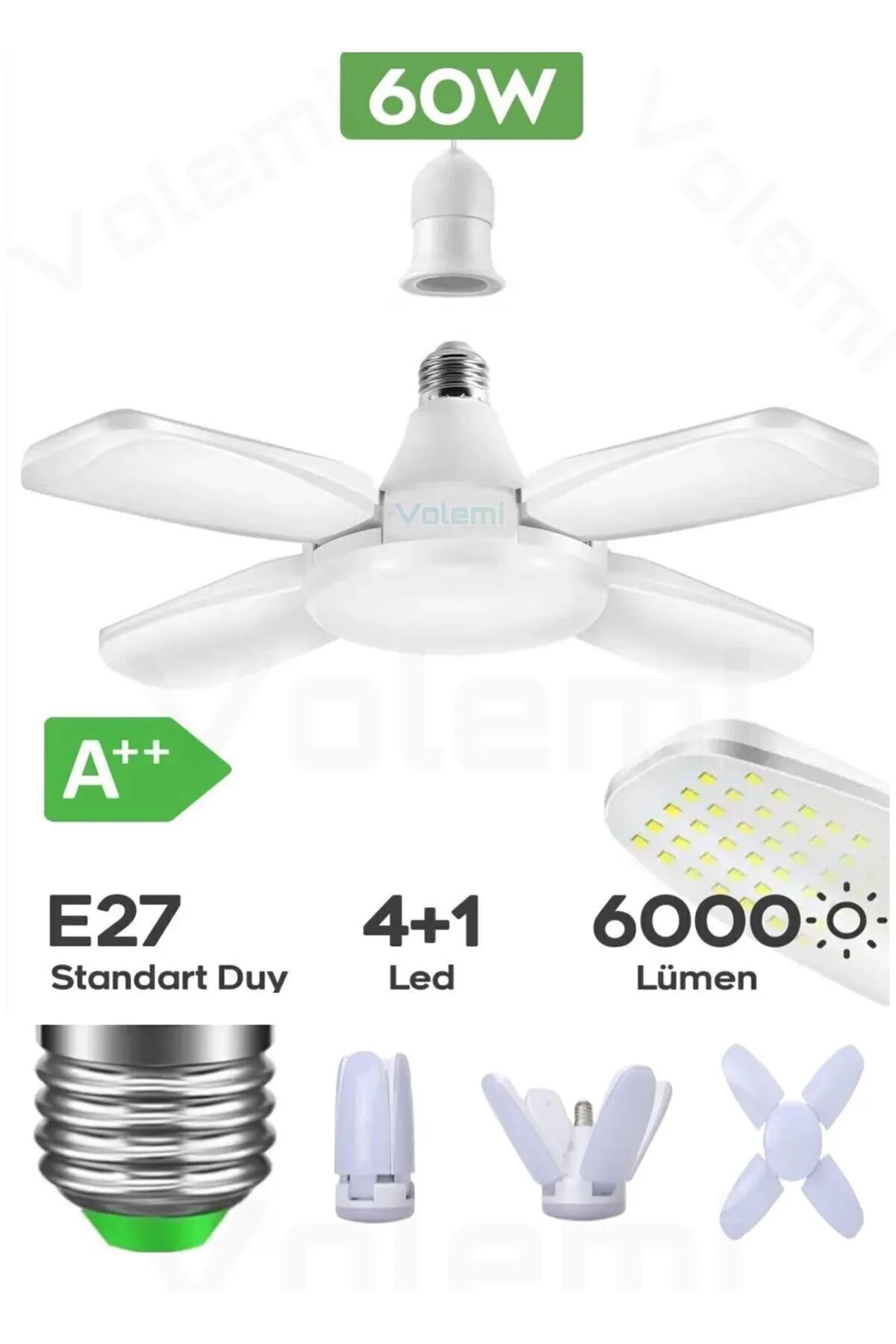 4 Kanatlı 60 Watt 6000 Lümen Katlanır Ampul 4+1 Kanatlı Katlanabilir Enerji Tasarruflu Led Ampul