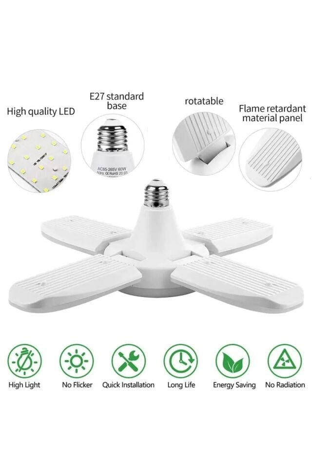 4 Kanatlı 60 Watt 6000 Lümen Katlanır Ampul 4+1 Kanatlı Katlanabilir Enerji Tasarruflu Led Ampul