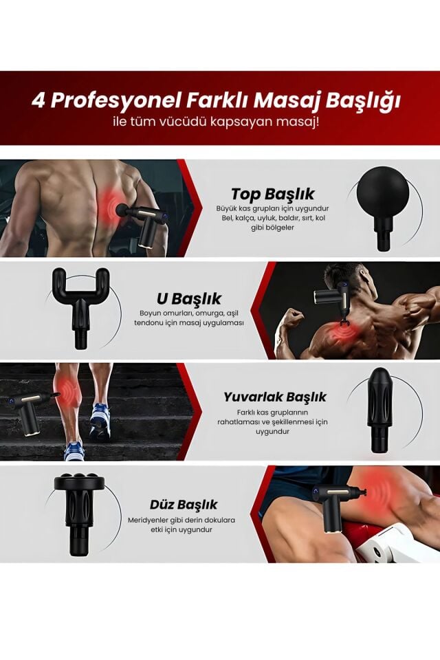 6 hız kademeli 4 Başlıklı Masaj Tabancası Masaj Aleti Şarjlı Titreşimli Sporcu Masaj Tabancası