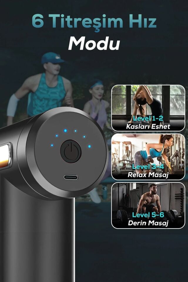 6 hız kademeli 4 Başlıklı Masaj Tabancası Masaj Aleti Şarjlı Titreşimli Sporcu Masaj Tabancası