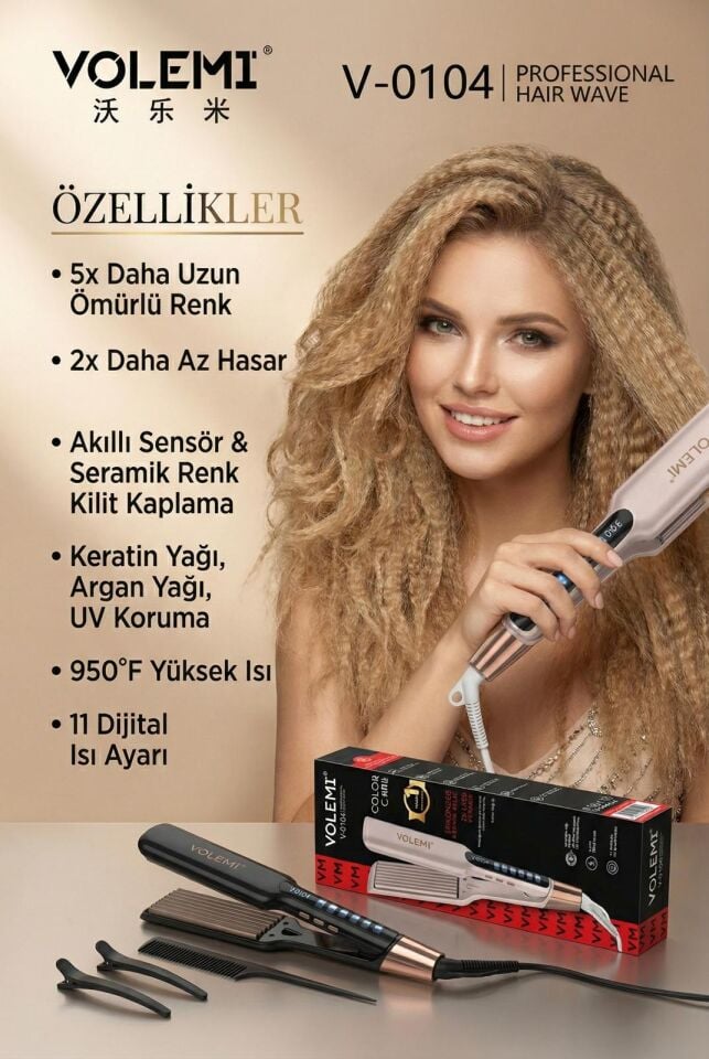V-0104 Profesyonel Saç Tost Makinesi-Dijital Göstergeli Seramik ve Hacim Verici Şekillendirici