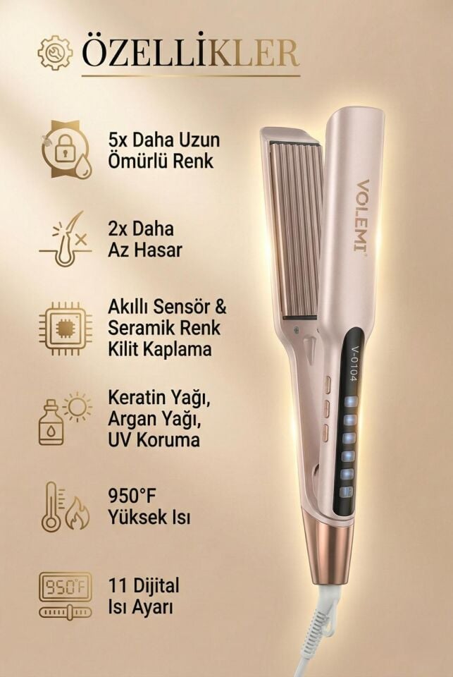 V-0104 Profesyonel Saç Tost Makinesi-Dijital Göstergeli Seramik ve Hacim Verici Şekillendirici