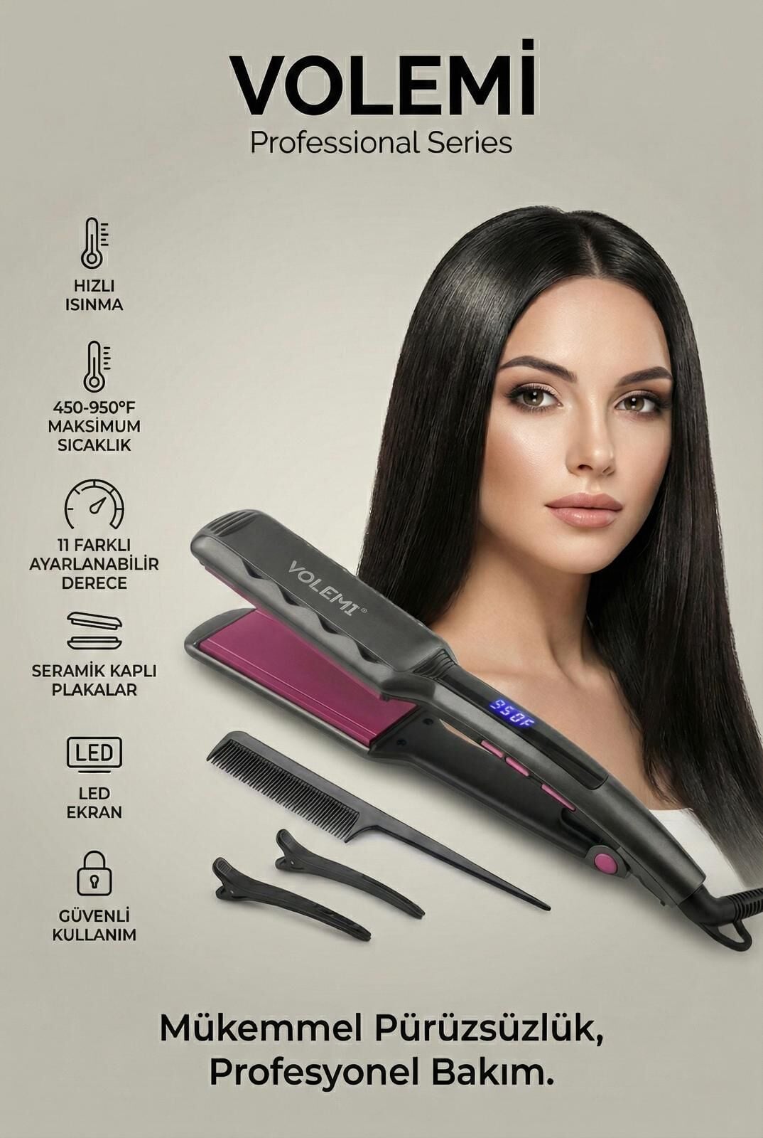 VOLEMİ V-0106 Profesyonel Geniş Seramik Plakalı Saç Düzleştirici