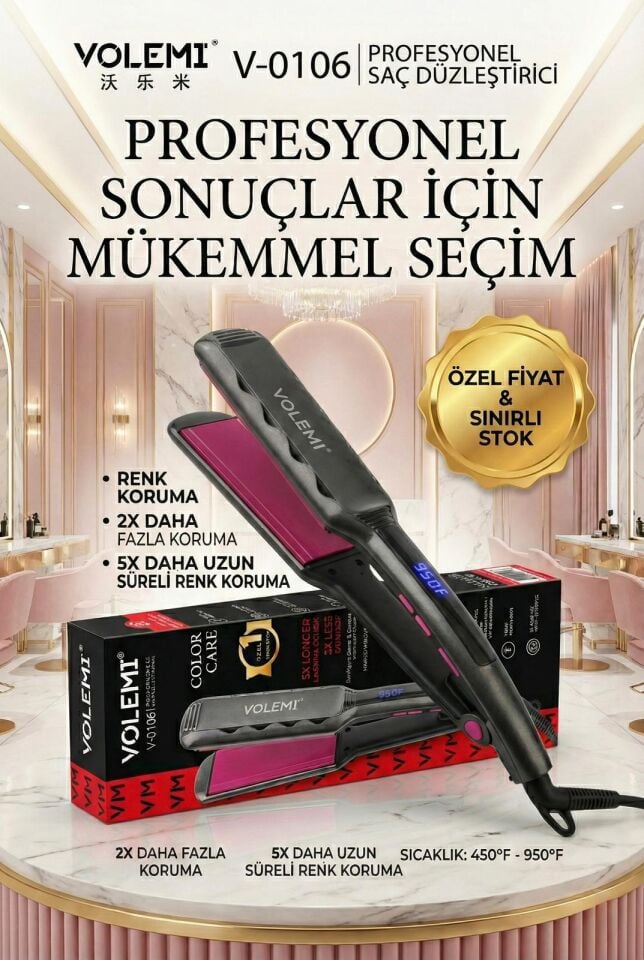 VOLEMİ V-0106 Profesyonel Geniş Seramik Plakalı Saç Düzleştirici