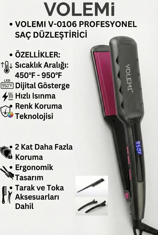 VOLEMİ V-0106 Profesyonel Geniş Seramik Plakalı Saç Düzleştirici