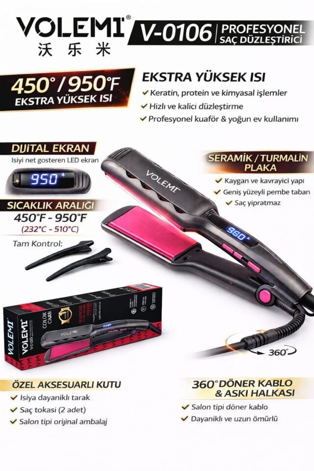 VOLEMİ V-0106 Profesyonel Geniş Seramik Plakalı Saç Düzleştirici