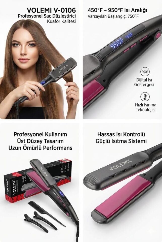 VOLEMİ V-0106 Profesyonel Geniş Seramik Plakalı Saç Düzleştirici