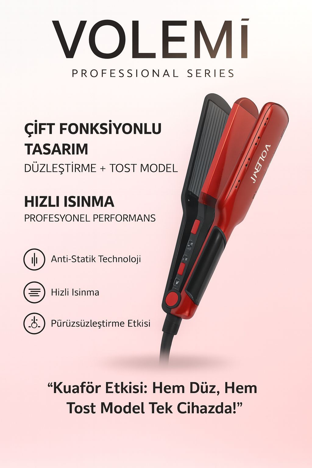 VOLEMİ V-0108 Profesyonel Çift Fonksiyonlu Saç Tostu ve Düzleştirici