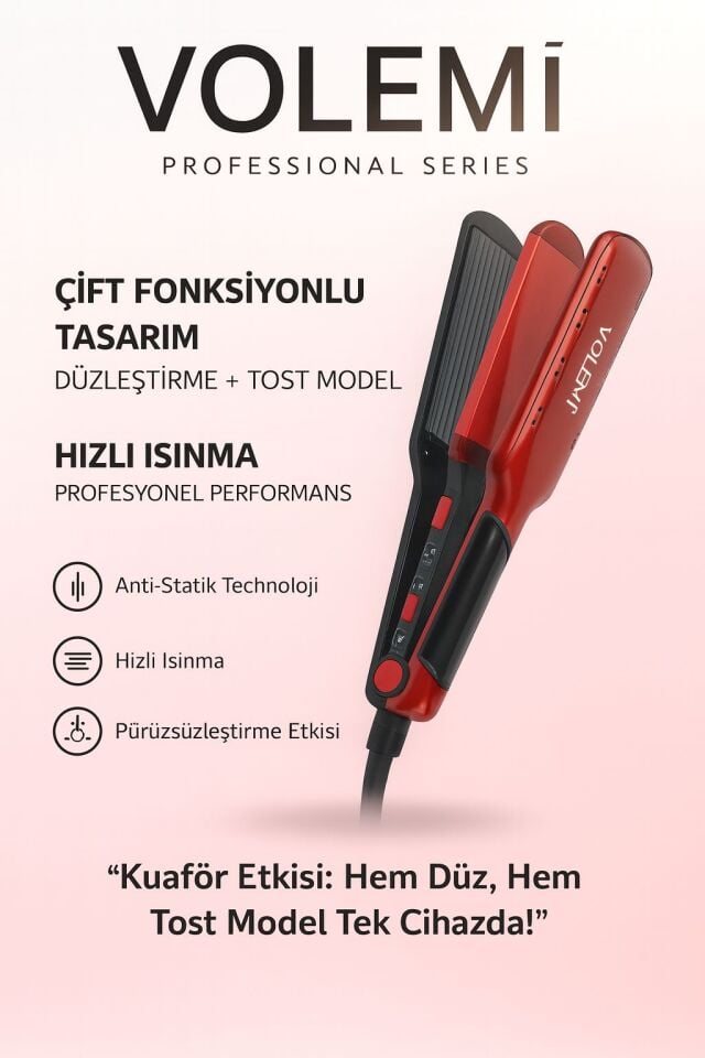 VOLEMİ V-0108 Profesyonel Çift Fonksiyonlu Saç Tostu ve Düzleştirici