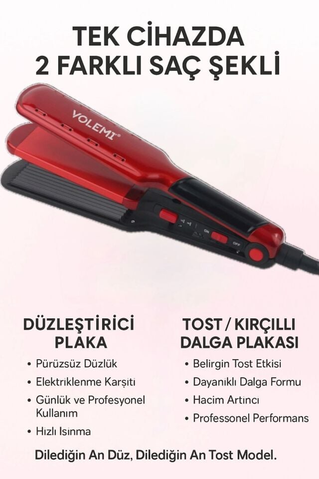 VOLEMİ V-0108 Profesyonel Çift Fonksiyonlu Saç Tostu ve Düzleştirici