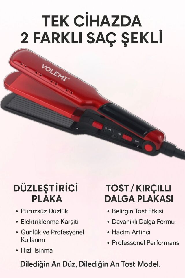 VOLEMİ V-0108 Profesyonel Çift Fonksiyonlu Saç Tostu ve Düzleştirici