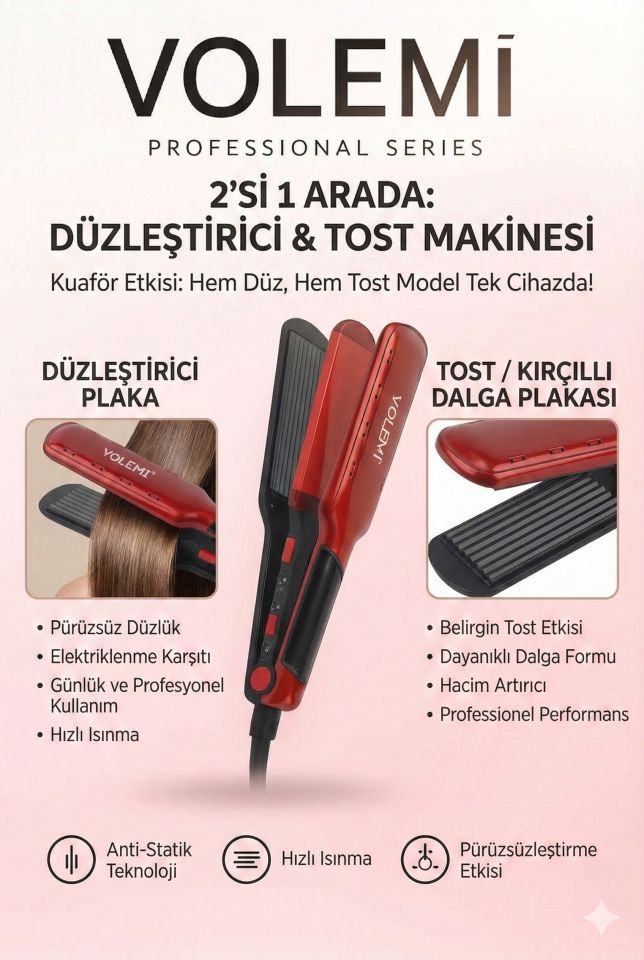 VOLEMİ V-0108 Profesyonel Çift Fonksiyonlu Saç Tostu ve Düzleştirici