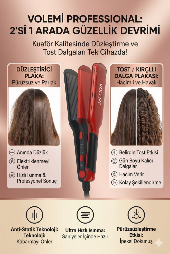 VOLEMİ V-0108 Profesyonel Çift Fonksiyonlu Saç Tostu ve Düzleştirici