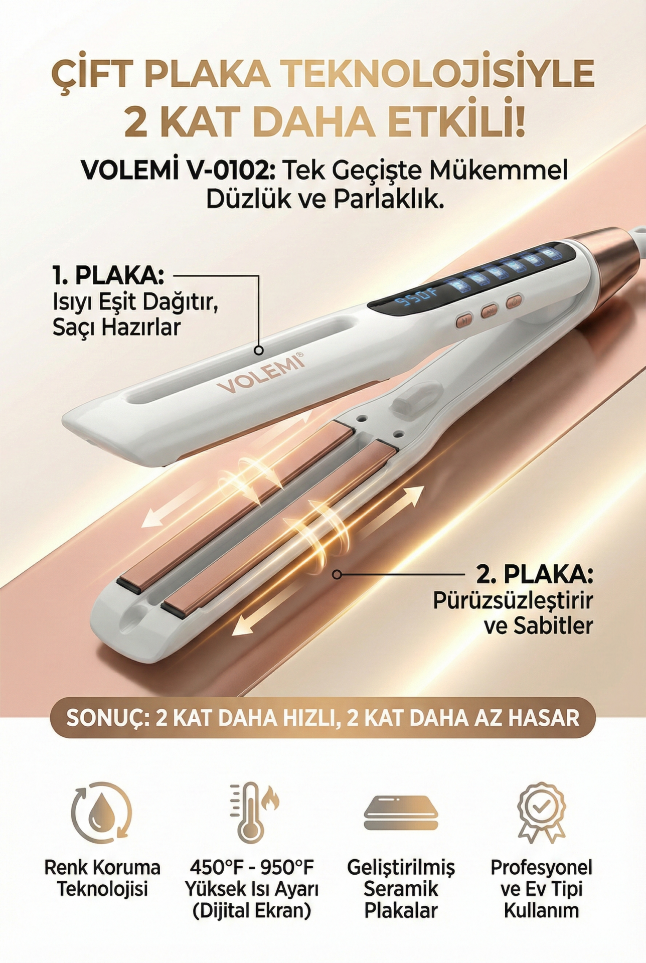 V-0102 Profesyonel Seramik Çift Plaka Saç Düzleştirici 11 farklı ısı Ayarlı Renk Koruma Teknolojisi