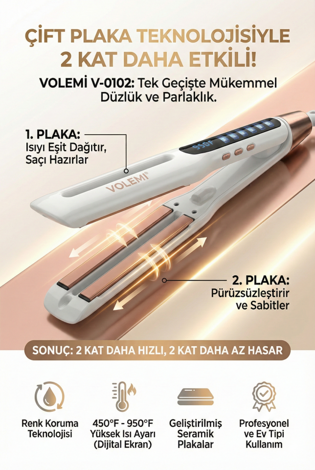 Volemi V-0102 Çift Plakalı Profesyonel Saç Düzleştirici