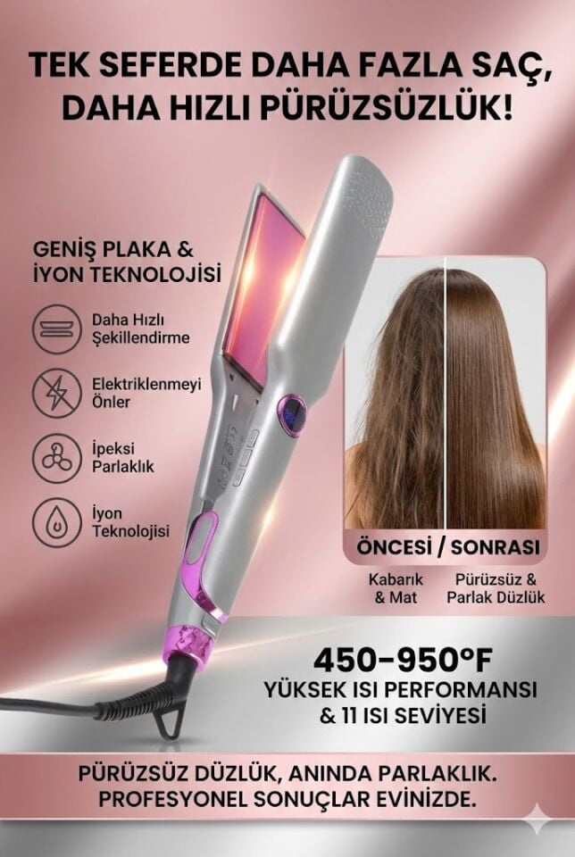 V-003 Geniş Seramik Plakalı Saç Düzleştirici Hızlı Isınma Dijital LED Ekran Parlak ve Pürüzsüz Saçlar