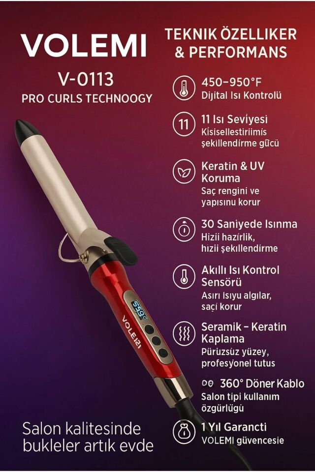 V-0113 Dijital Sensörlü Saç Maşası 450-950°F 11 Kademeli Profesyonel Bukle Şekillendirici