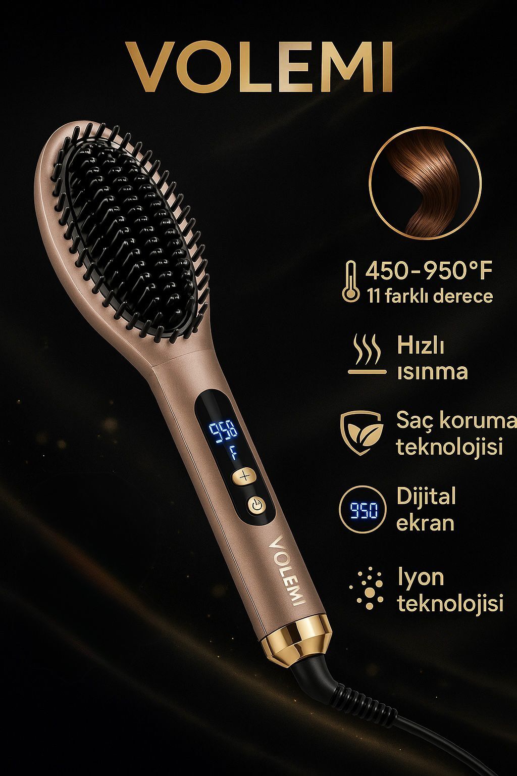 V-0111 Dijital Ekranlı Saç Düzleştirici Fırça 450-950°F 11 Kademe İyon Teknolojisi Hızlı Isınma