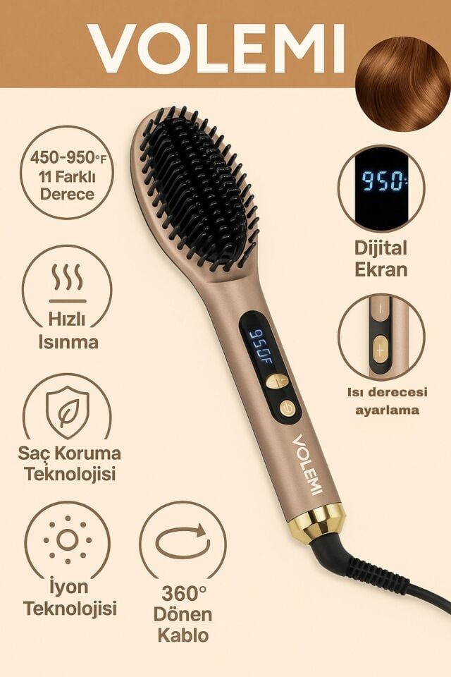 V-0111 Dijital Ekranlı Saç Düzleştirici Fırça 450-950°F 11 Kademe İyon Teknolojisi Hızlı Isınma