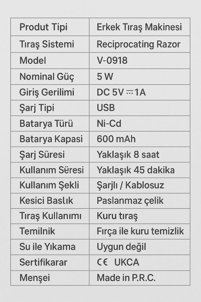 V-0918 Günlük Sakalı Sıfır Alan Profesyonel Erkek Tıraş Makinesi USB Şarjlı