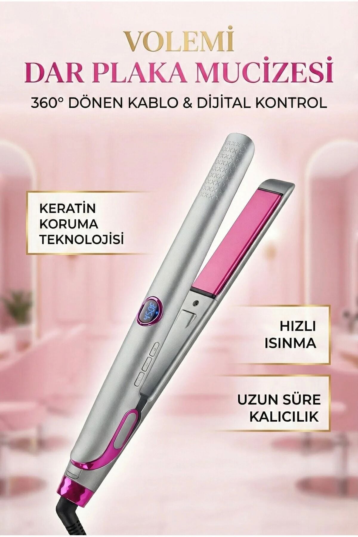 V-004 Dar Plakalı Saç Düzleştirici | Hızlı Isınma, Dijital LED Ekran, Parlak ve Pürüzsüz Saçlar