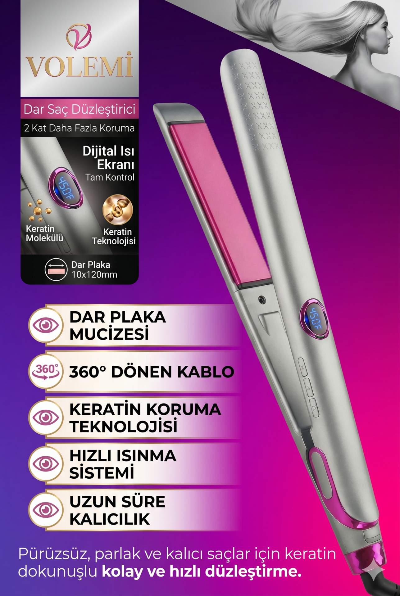 V-004 Dar Plakalı Saç Düzleştirici | Hızlı Isınma, Dijital LED Ekran, Parlak ve Pürüzsüz Saçlar