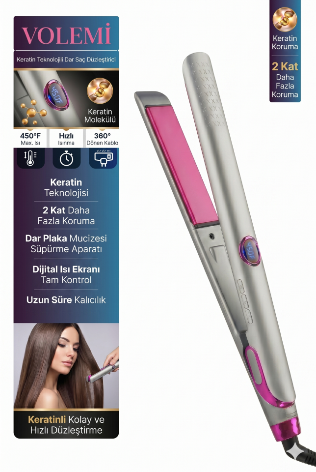 V-004 Dar Plakalı Saç Düzleştirici | Hızlı Isınma, Dijital LED Ekran, Parlak ve Pürüzsüz Saçlar