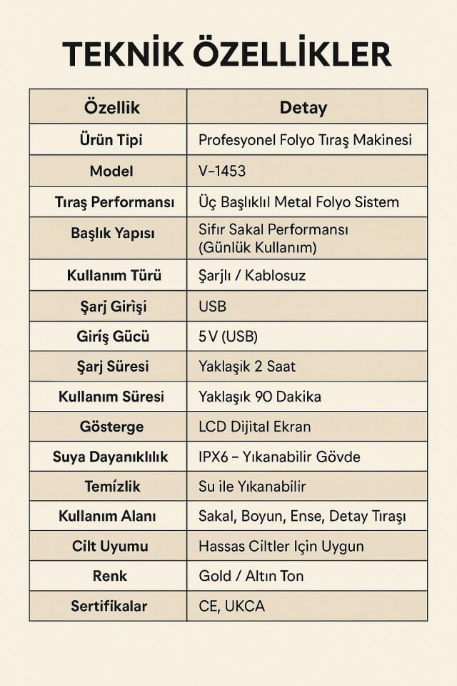V-1453 Islak kuru Sıfır Sakal Performanslı Profesyonel Folyo Tıraş Makinesi IPX6 LCD Şarjlı