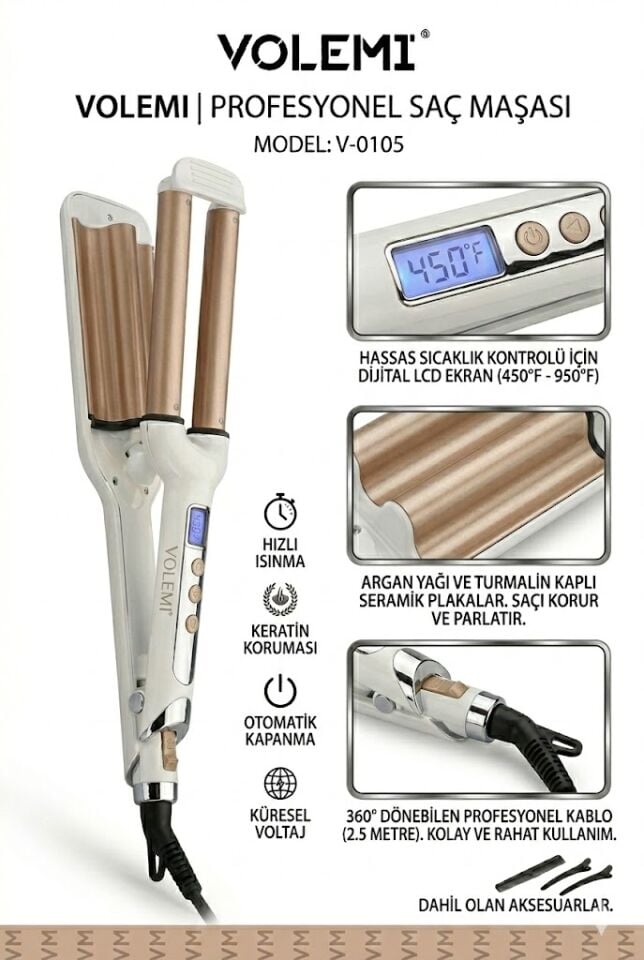 V-0105 Profesyonel Su Dalgası Saç Maşası Argan Yağlı Dijital Ekranlı