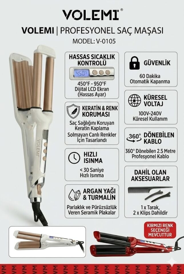 V-0105 Profesyonel Su Dalgası Saç Maşası Argan Yağlı Dijital Ekranlı