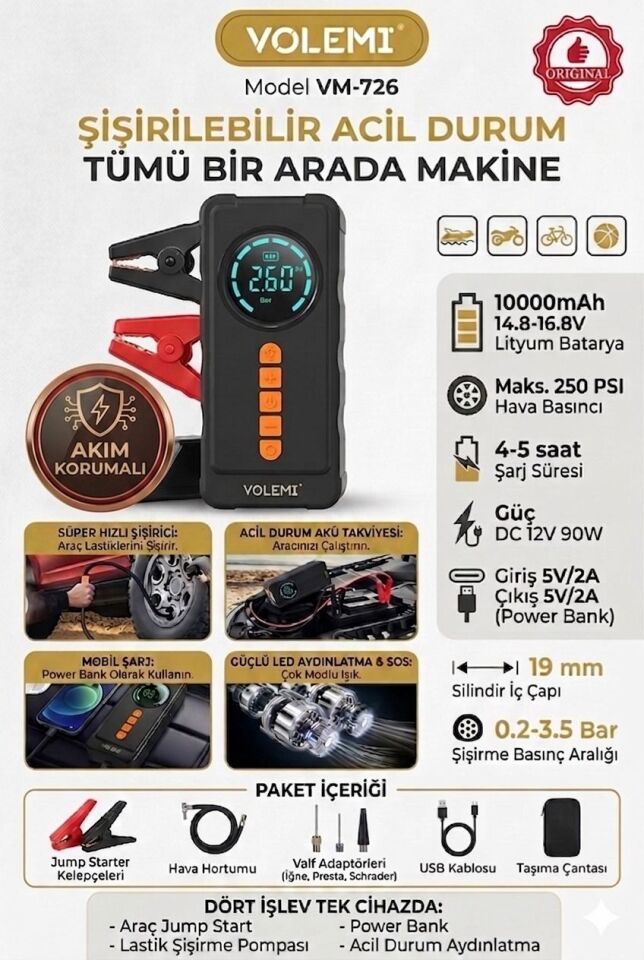 Volemi VM-726 4'ü 1 Arada Taşınabilir Şarjlı Akü Takviye Cihazı ve Lastik Şişirme Pompası (10000mAh Powerbank & LED Flaşör)