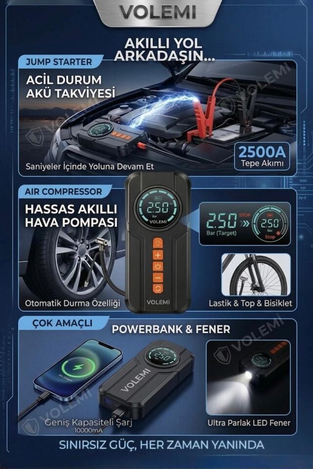 Volemi VM-726 4'ü 1 Arada Taşınabilir Şarjlı Akü Takviye Cihazı ve Lastik Şişirme Pompası (10000mAh Powerbank & LED Flaşör)