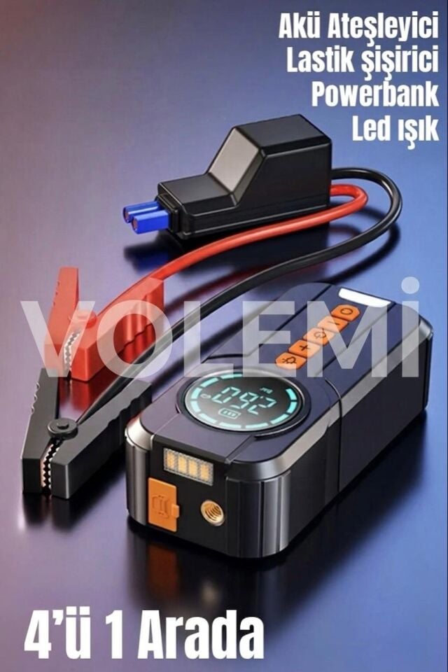 Volemi VM-726 4'ü 1 Arada Taşınabilir Şarjlı Akü Takviye Cihazı ve Lastik Şişirme Pompası (10000mAh Powerbank & LED Flaşör)