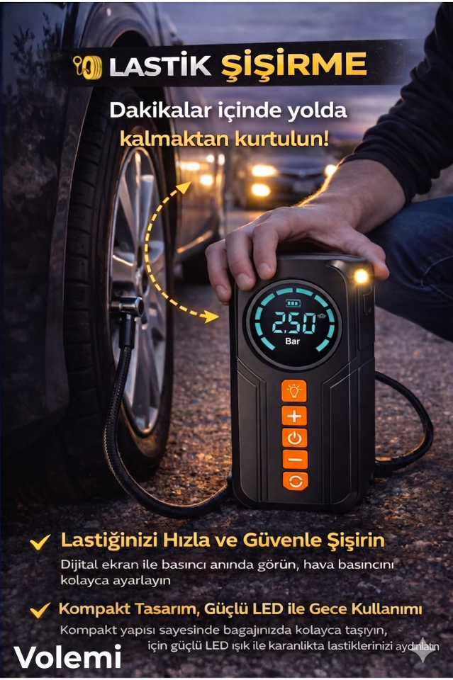 Volemi VM-726 4'ü 1 Arada Taşınabilir Şarjlı Akü Takviye Cihazı ve Lastik Şişirme Pompası (10000mAh Powerbank & LED Flaşör)