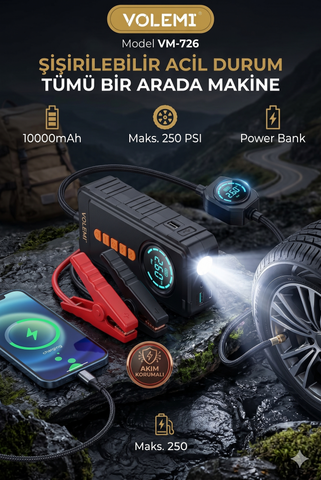 Volemi VM-726 4'ü 1 Arada Taşınabilir Şarjlı Akü Takviye Cihazı ve Lastik Şişirme Pompası (10000mAh Powerbank & LED Flaşör)