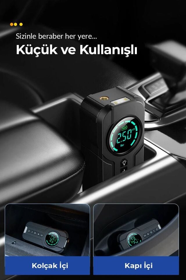 Volemi VM-726 4'ü 1 Arada Taşınabilir Şarjlı Akü Takviye Cihazı ve Lastik Şişirme Pompası (10000mAh Powerbank & LED Flaşör)