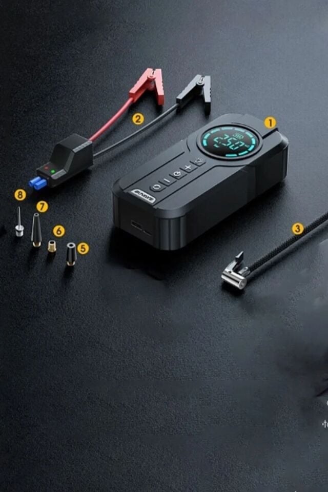 Volemi VM-726 4'ü 1 Arada Taşınabilir Şarjlı Akü Takviye Cihazı ve Lastik Şişirme Pompası (10000mAh Powerbank & LED Flaşör)
