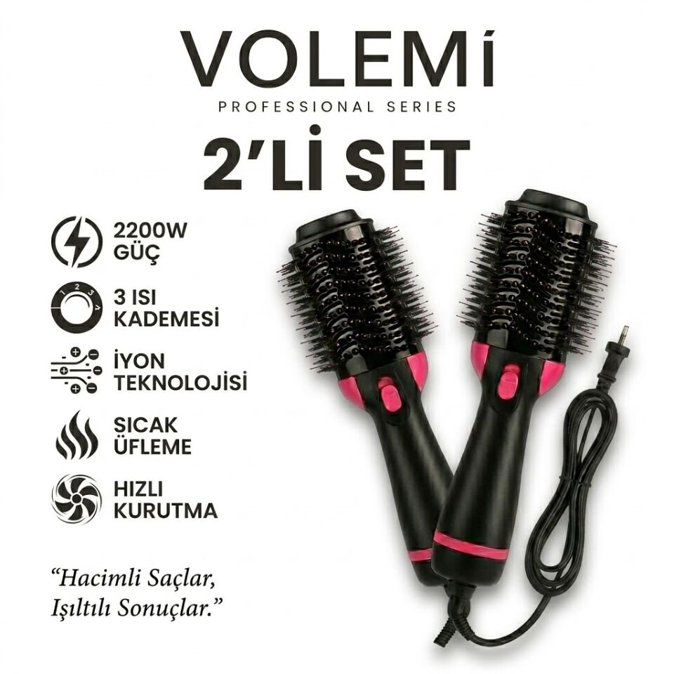 2 li Set Profesyonel İyonik Saç Şekillendirici ve Hacim Veren Fön Fırçası 2200W