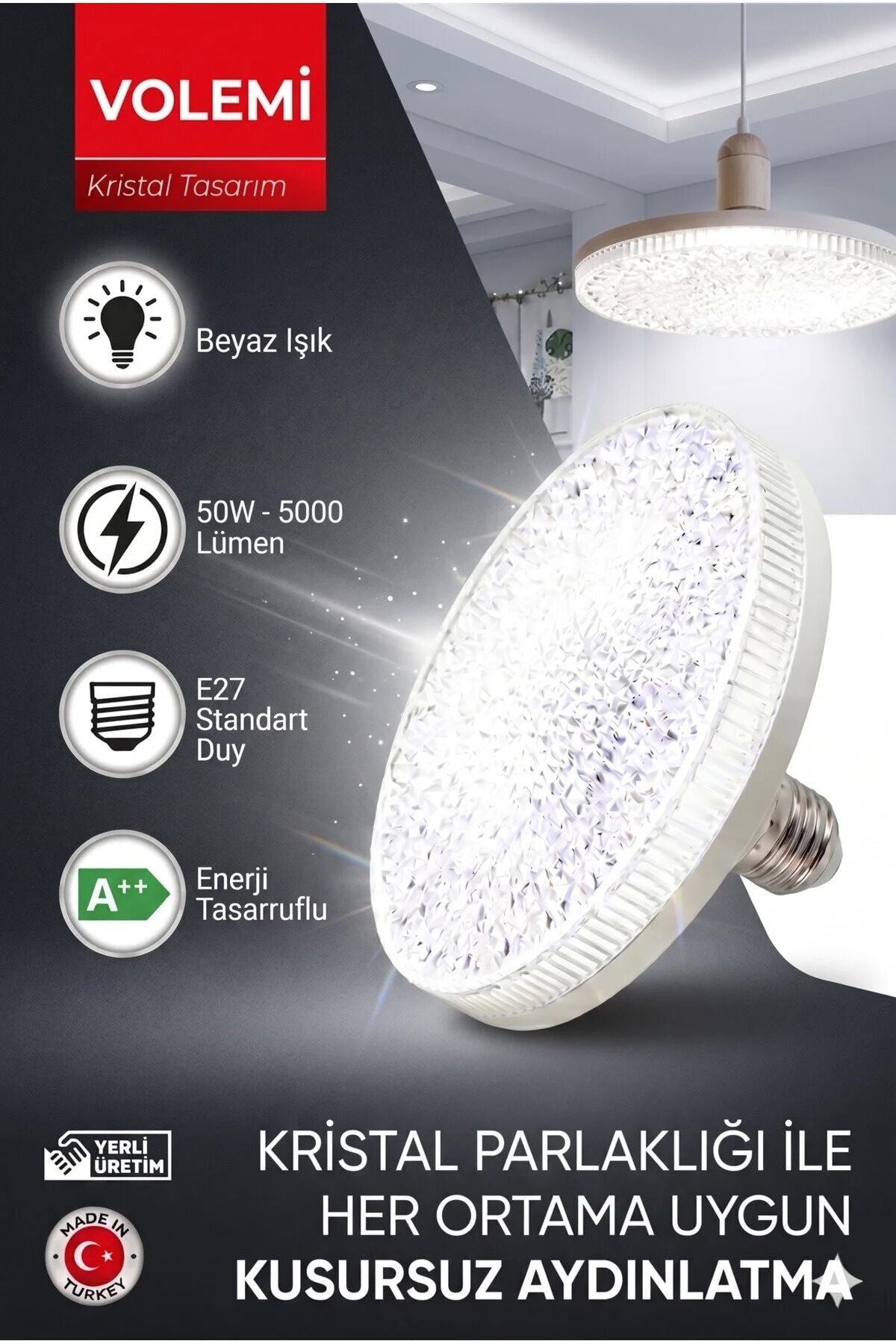 VOLEMİ Kristal Tasarım 50W LED Ampul | 5000 Lümen E27 Beyaz Işık