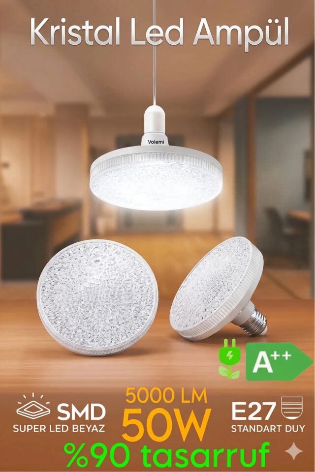 VOLEMİ Kristal Tasarım 50W LED Ampul | 5000 Lümen E27 Beyaz Işık