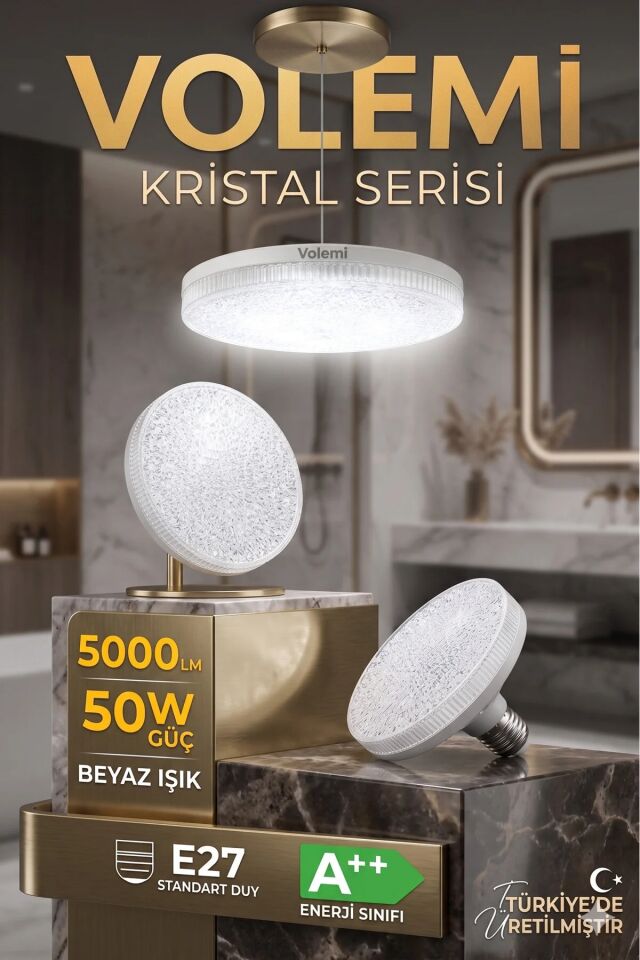 VOLEMİ Kristal Tasarım 50W LED Ampul | 5000 Lümen E27 Beyaz Işık