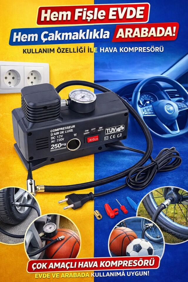 VOLEMİ VM-725 Çift Girişli 12V/220V 250 PSI Çok Amaçlı Hava Kompresörü Lastik Şişirme Pompası