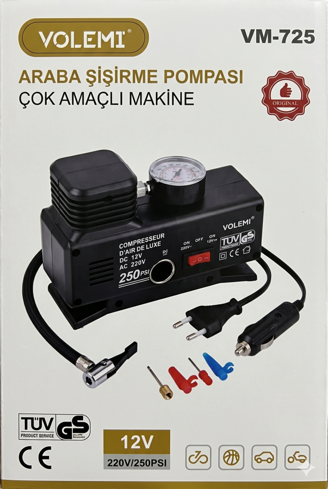 VOLEMİ VM-725 Çift Girişli 12V/220V 250 PSI Çok Amaçlı Hava Kompresörü Lastik Şişirme Pompası