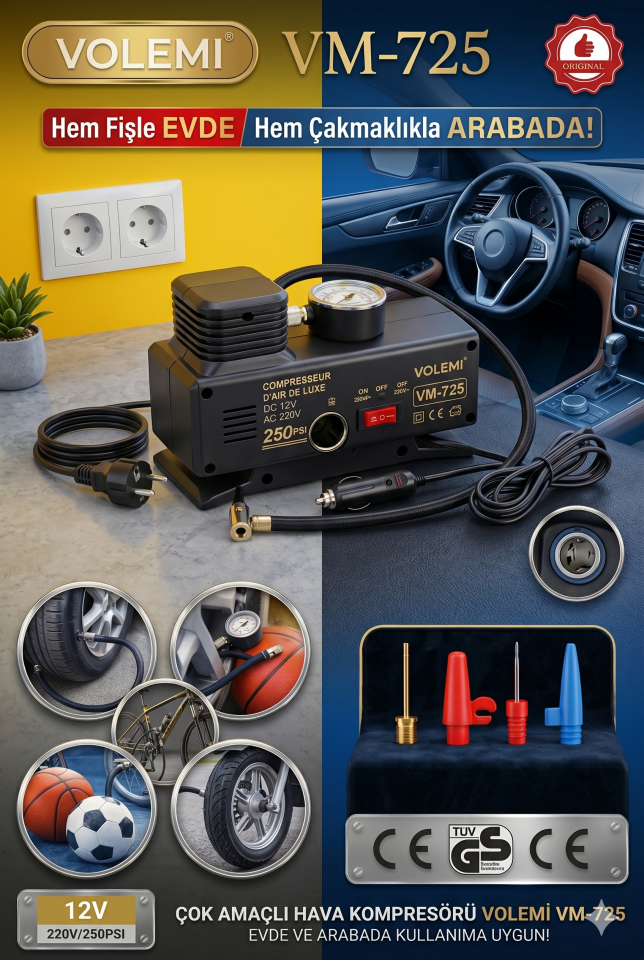 VOLEMİ VM-725 Çift Girişli 12V/220V 250 PSI Çok Amaçlı Hava Kompresörü Lastik Şişirme Pompası