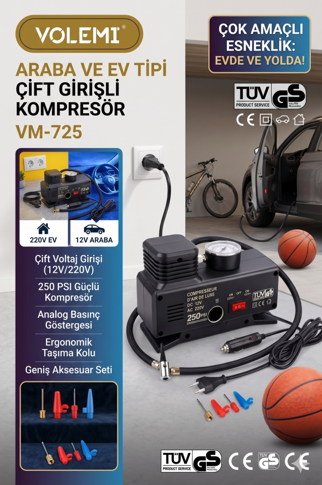 VOLEMİ VM-725 Çift Girişli 12V/220V 250 PSI Çok Amaçlı Hava Kompresörü Lastik Şişirme Pompası