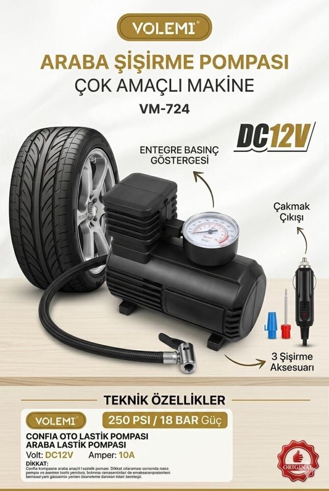 VM-724 Çok Amaçlı Araç Lastik Şişirme Pompası ve Hava Kompresörü - 12V / 250 PSI