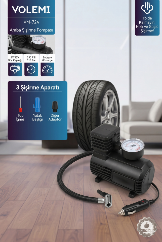VM-724 Çok Amaçlı Araç Lastik Şişirme Pompası ve Hava Kompresörü - 12V / 250 PSI