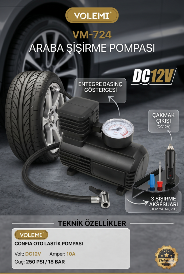 VM-724 Çok Amaçlı Araç Lastik Şişirme Pompası ve Hava Kompresörü - 12V / 250 PSI