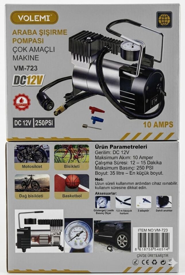 VM-723 Çok Amaçlı Araç Lastik Şişirme Pompası Hava Kompresörü 12V 250 PSI Çakmaklık Girişli
